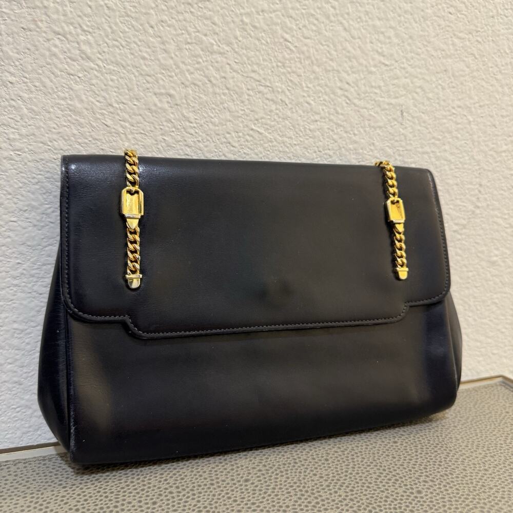 Vintage OLD GUCCI Chain Detail Clutch Bag Leather Black Gold Auth